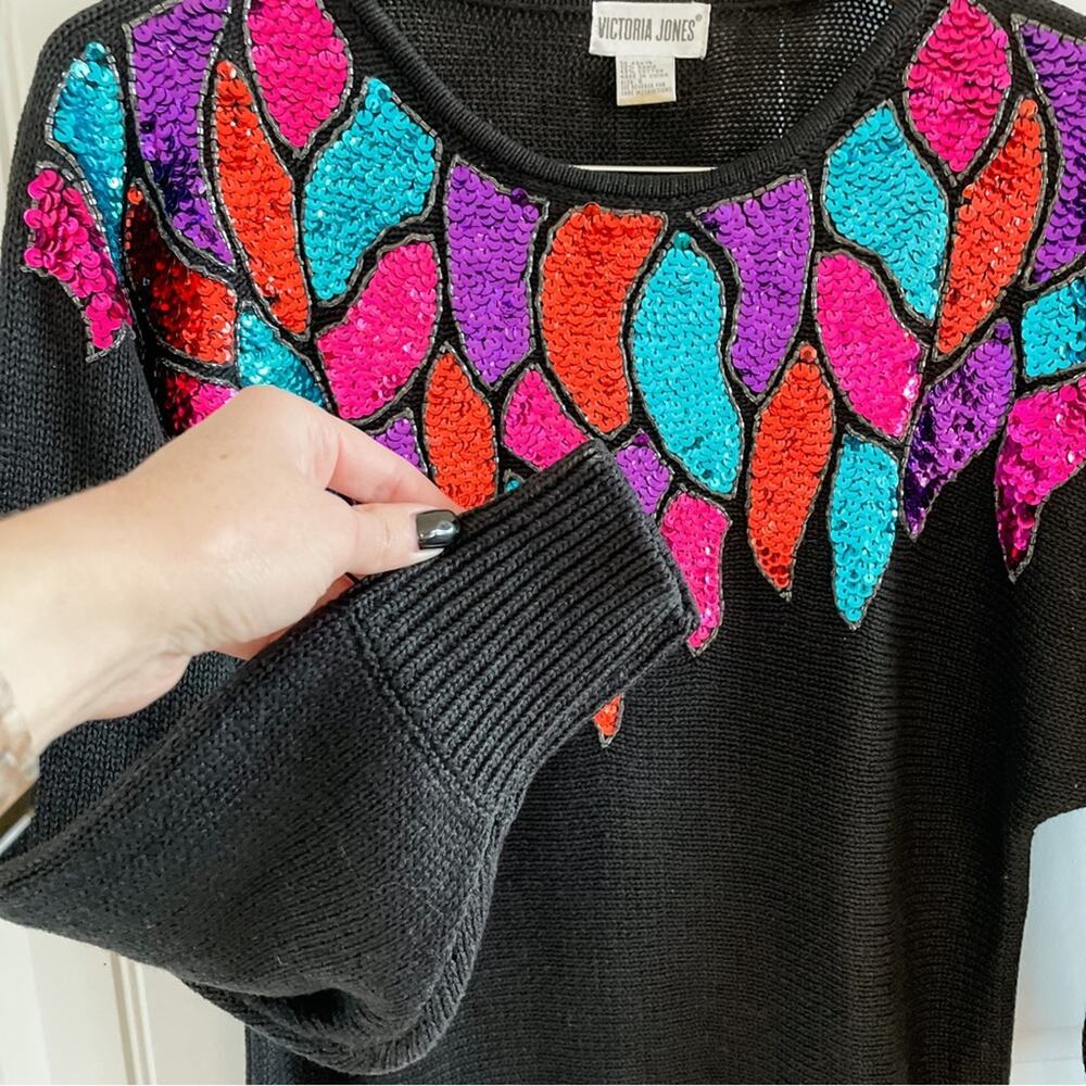 Victoria Jones vintage 90s sequin neckline loose knit dolman sweater size S - Picture 5 of 7